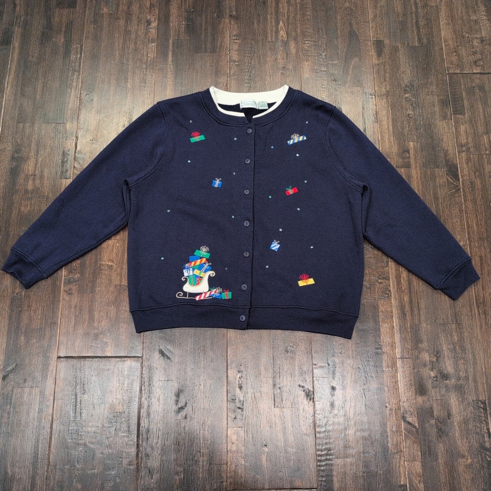 Vintage Shenanigans Ugly Christmas‎ Sweater Womens XL Blue Embroidered Cardigan
